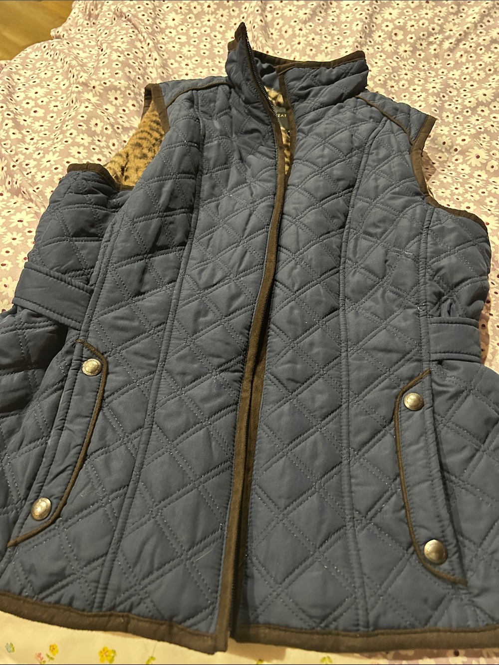 Weatherproof Navy Quilted Vest with Brown Trim
